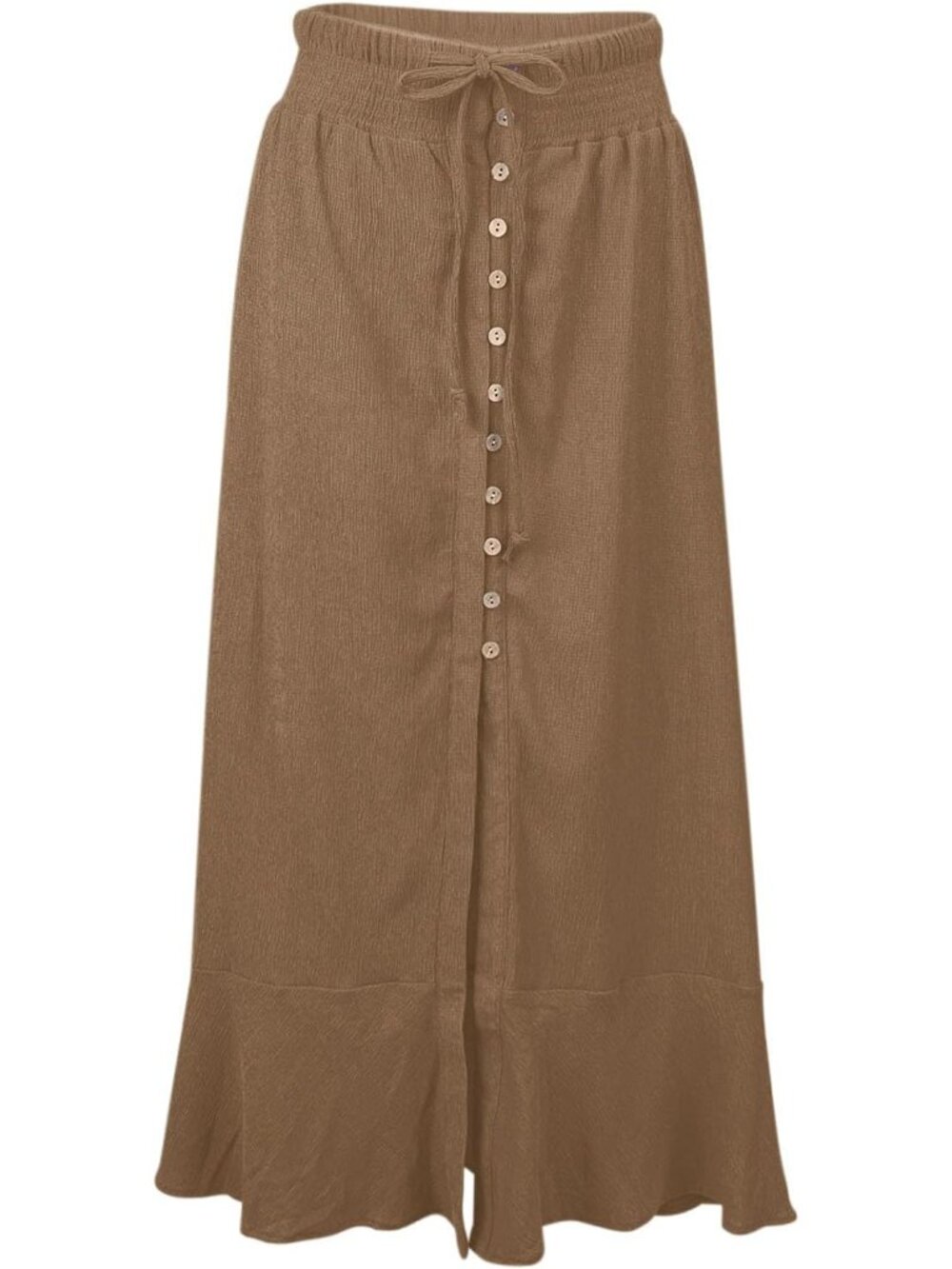 Women's Khaki Tie Elastic Button Down Loose Flowy Swing Slit Front Maxi Skirt - Picture 4 of 6